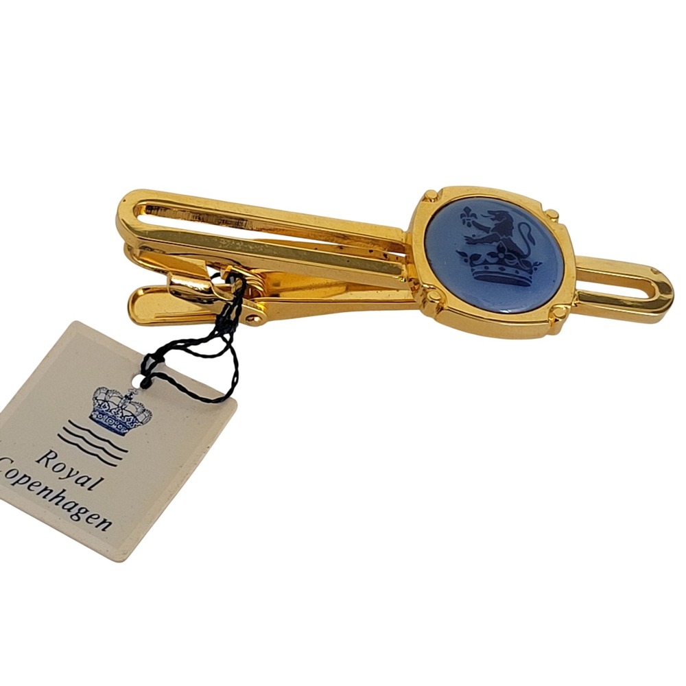 Royal Copenhagen Tie Clip Gold Tone Blue Porcelain Lion Crown Crest Denmark NWT